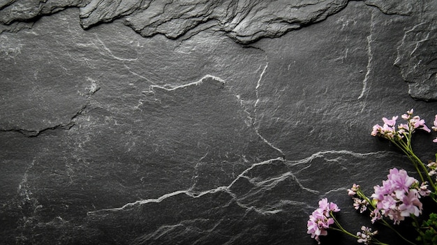 Photo a gray stone wall with a purple flower in it and a black background