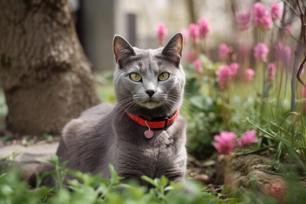 Gray street cat in red collar is seated close to the camera outside in a spring garden