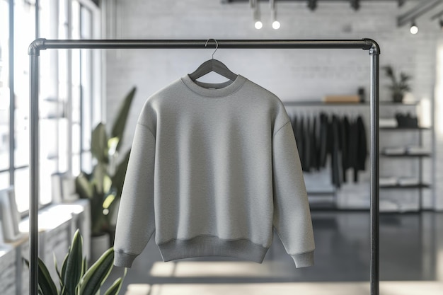 Photo a gray sweatshirt hanging on a rack in a modern clothing store