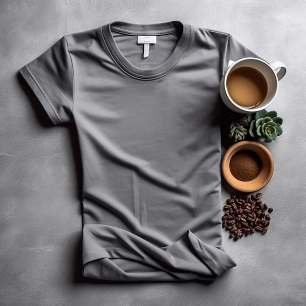 A gray t - shirt with a coffee cup and a white coffee cup on the floor.