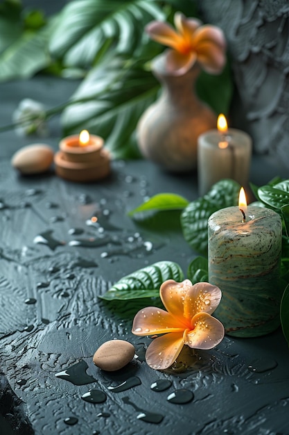 A gray table decorated with candles and flowers