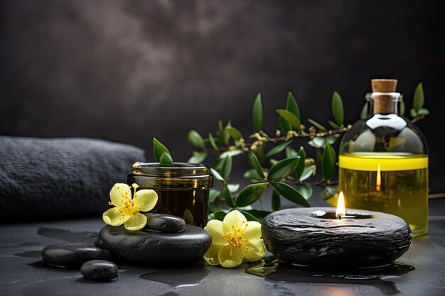 On a gray table there is a composition of a spa with the presence of aromatic oil