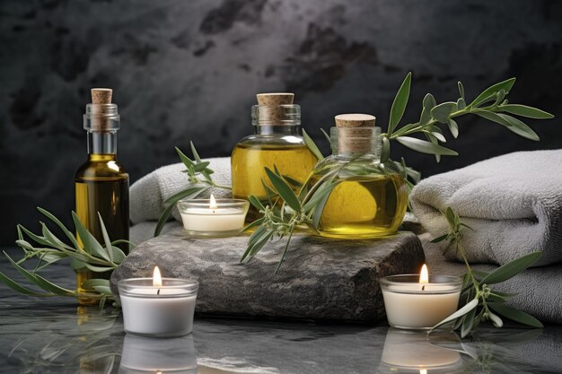 On a gray table there is a composition of a spa with the presence of aromatic oil