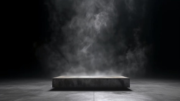 Gray textured concrete platform podium or table with smoke in the dark