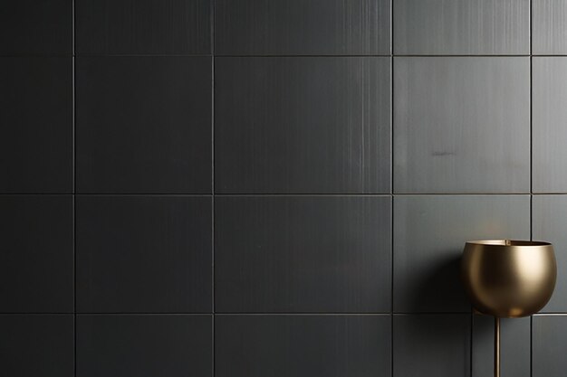 a gray tile wall with a vase on it