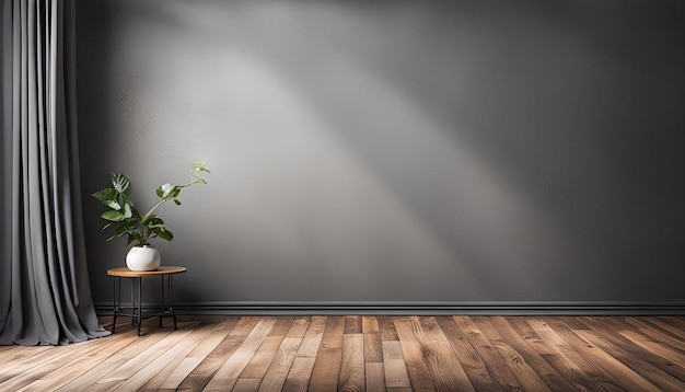 Gray wall in an empty room with a wooden floor