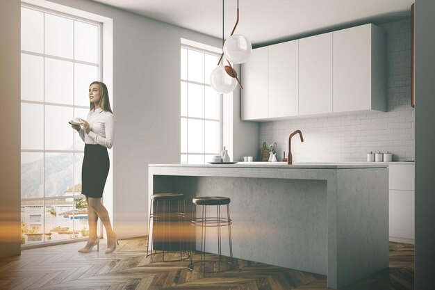 Photo gray wall kitchen corner with balck and gray countertops, a sink and a blank wall fragment. a businesswoman. 3d rendering mock up toned image