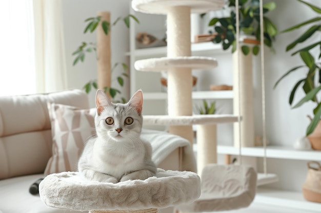 Photo gray and white cat sitting on a cozy perch in a bright modern living room with plants