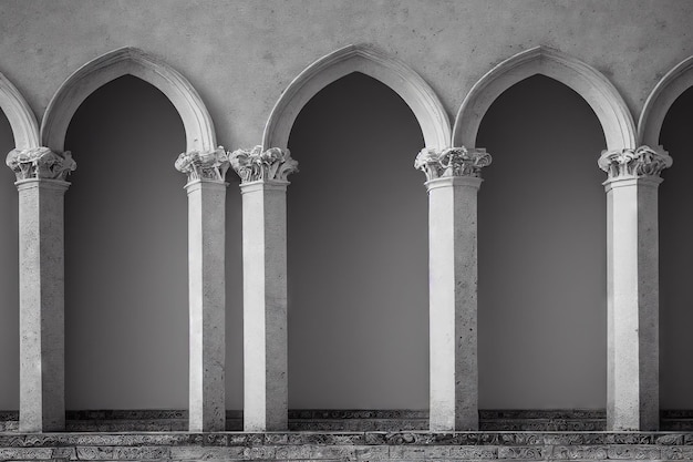 Gray and white columns with arches medieval door in ancient temple