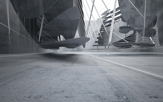 A gray and white image of a building with a plane flying in the air.