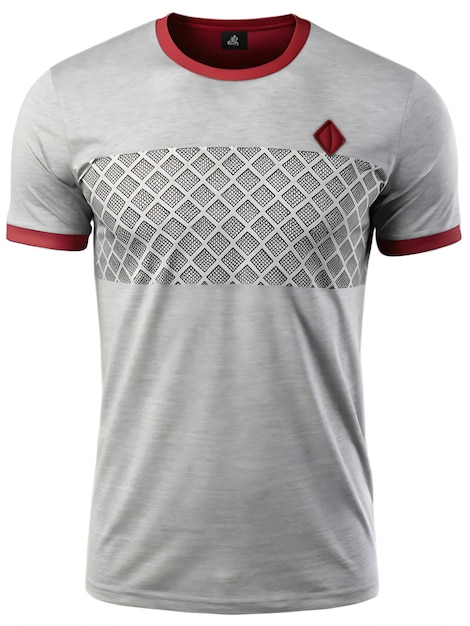 a gray and white shirt with a red logo on it