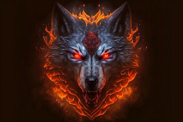 Gray wolf head with red eyes in flames on dark background