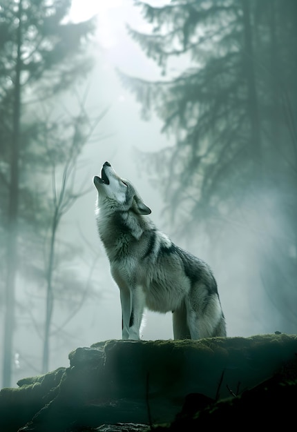 Photo a gray wolf howls in the forest vertical background concept about wild nature strength and power