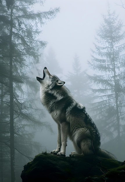 Photo a gray wolf howls in the forest vertical background concept about wild nature strength and power