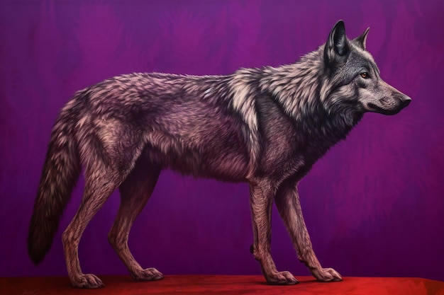 A gray wolf isolated on purple background front view