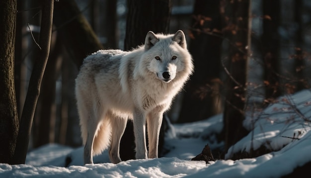 Gray wolf standing in snow watching tranquility generated by AI