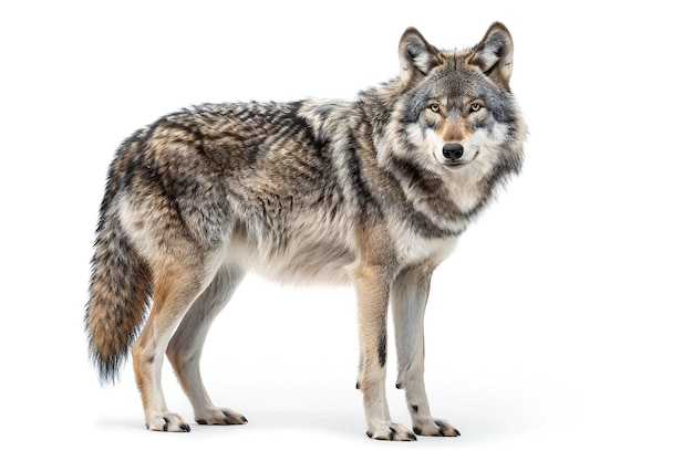 A gray wolf with his body standing on a white background