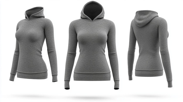 Gray women39s hoodie showing front side and back views over white