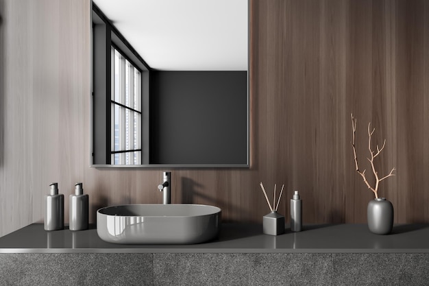 Gray and wooden bathroom with sink