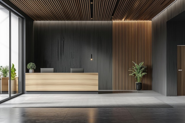 Photo gray and wooden office hall interior with reception