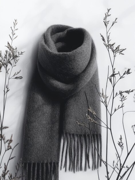 Photo gray wool scarf with fringe and dried branches