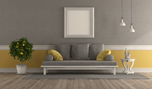 Gray and yellow retro living room with sofa and blank picture frame - 3d rendering