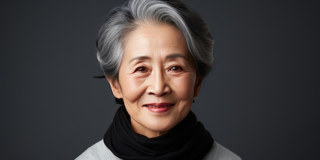 Grayhaired Asian woman on a dark background closeup High quality photo Generative AI