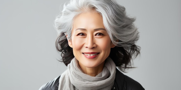 Grayhaired Asian woman on a light background closeup High quality photo Generative AI