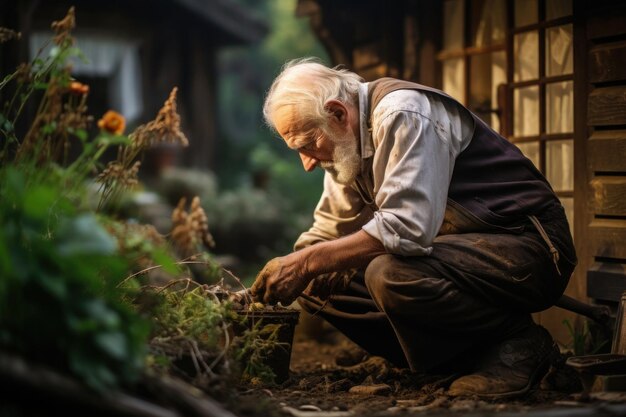 The grayhaired old man is working with growing vegetables in his garden AI generated