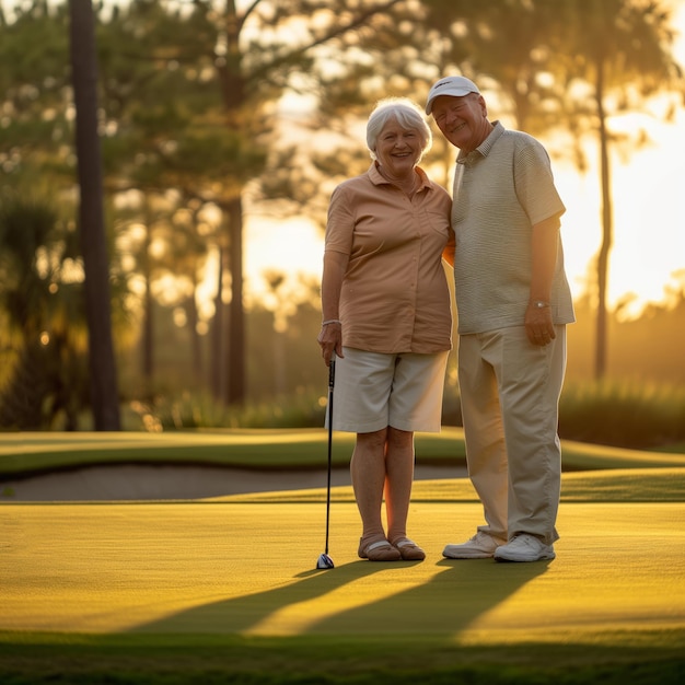 Grayhaired old smiling couple standing on golf course at sunset