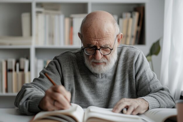 Grayhaired senior man with beard studying at home