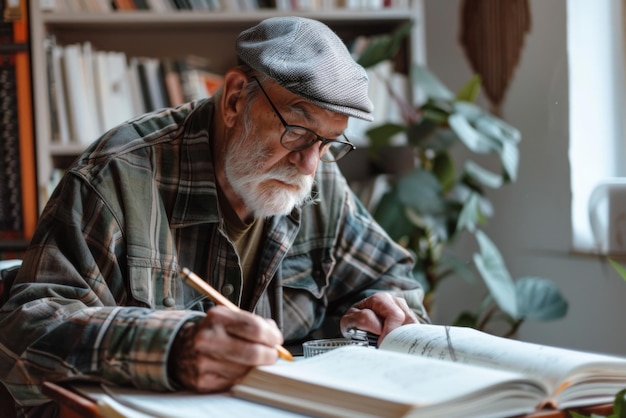 Grayhaired senior man with beard studying at home