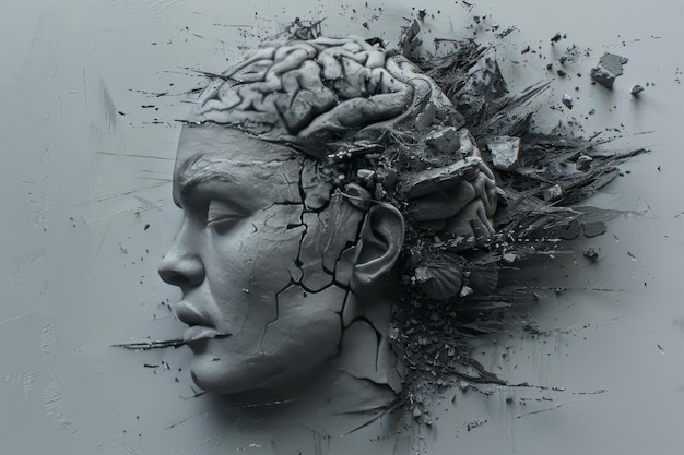 Grayscale 3D rendering of a womans face merging with a brain illustrating the connection between