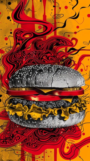 Photo grayscale hamburger with red and black abstract patterns on bright yellow background