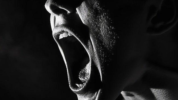 Photo a grayscale image of a person screaming with their mouth wide open the persons face is in shadow but their mouth is brightly lit