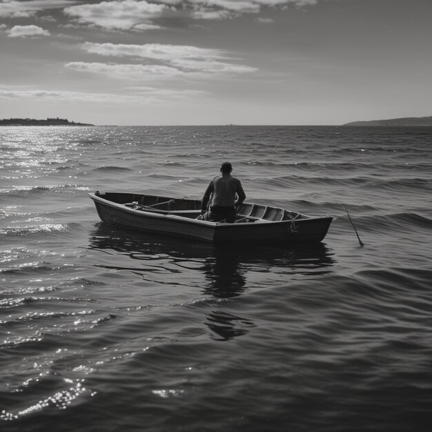 Grayscale photo of person in boat on sea