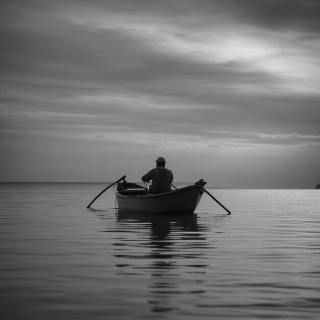 Grayscale photo of person in boat on sea