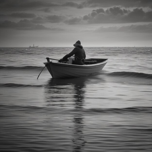 Grayscale photo of person in boat on sea