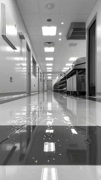 Photo grayscale photograph of a clean modern hallway in a building with reflective wet flooring