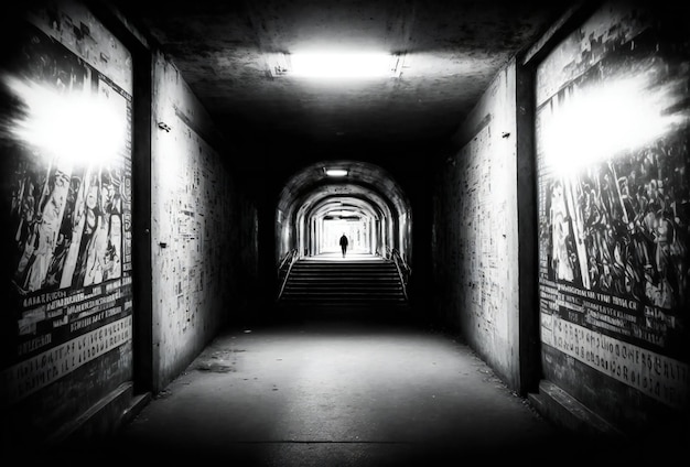 Grayscale underground passage with street creative digital illustration painting