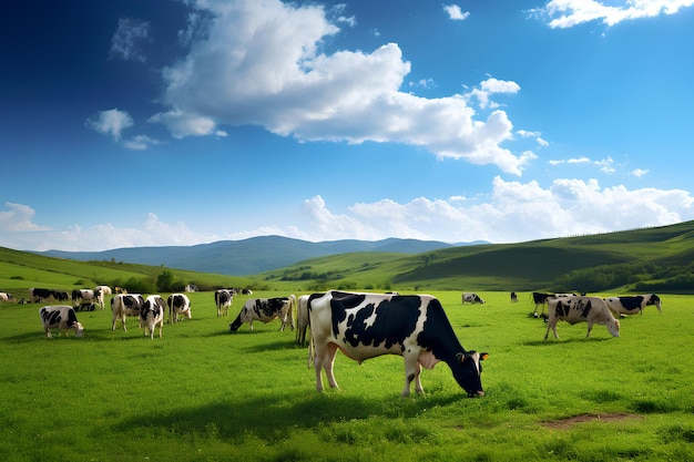 Grazing Cows on Green Pasture