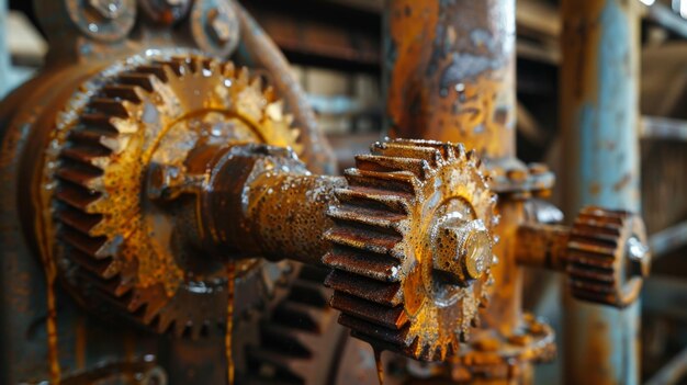 Greasy and worn engine gear wheels in an old factory depicting wear and tear over time