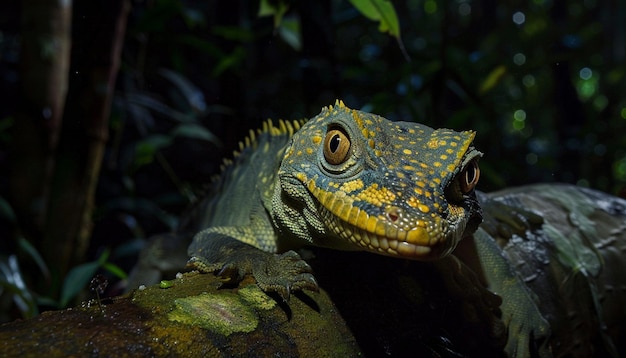 Great Anglehead Lizard Gonocephalus grandis resting on the tree trunk at night