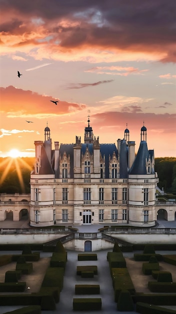 Great beautiful castles and heritage of France Chateau de Chantilly over sunset