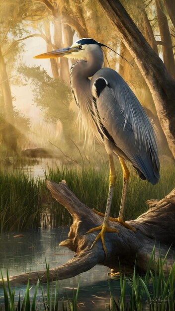 Photo great blue heron perched overlooking wetlands