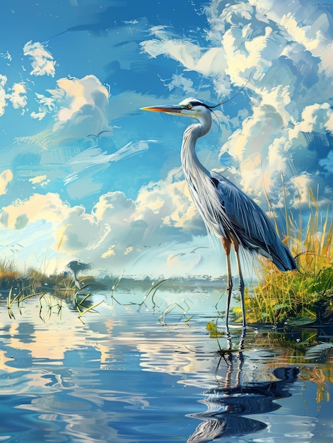 Photo a great blue heron standing in a lake with a cloudy sky