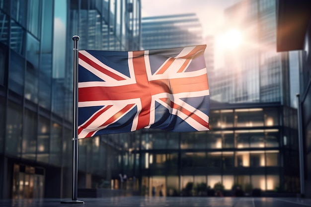 an great britain flag is being put on a street in the evening light