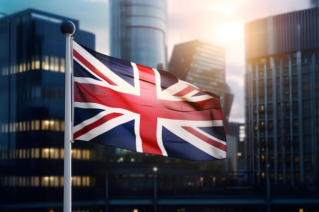 an great britain flag is being put on a street in the evening light