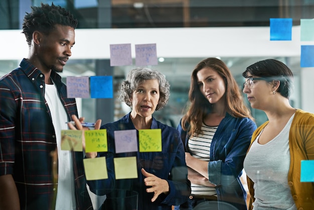 Great concepts in the making Shot of a group of colleagues working with adhesive notes on a glass wall in the office