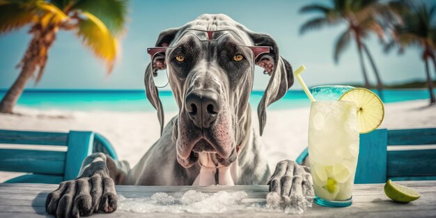 Great Dane dog is on summer vacation at seaside resort and relaxing rest on summer beach of Hawaii